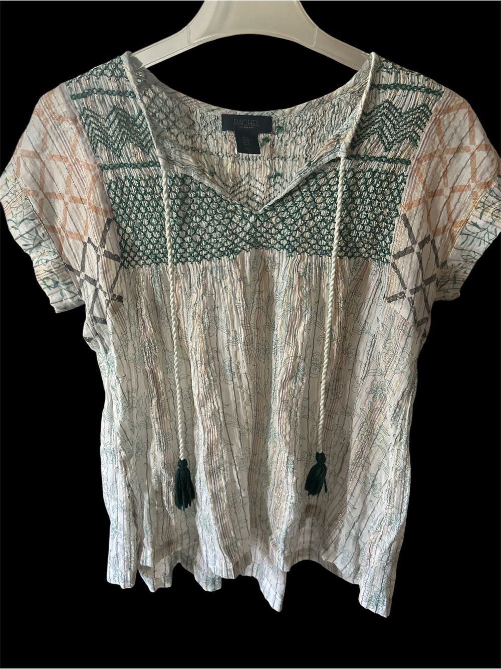 RACHEL Rachel Roy Green & Cream Embroidered Tassel Short Sleeve Top Sz M